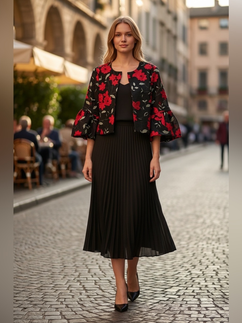 Anne Fontaine Black Pleated Midi Skirt with Red Floral Jacket size 44/us 12